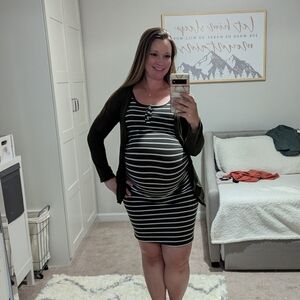 Green and white striped maternity dress